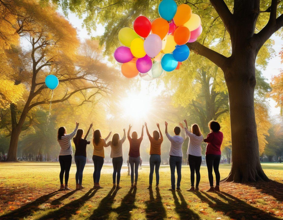 A diverse group of people gathered in a park, joyfully exchanging messages of goodwill and well-wishes, with colorful balloons and banners in the background. The scene should convey a sense of warmth and community, highlighting smiles, laughter, and an atmosphere of connection. Sunlight streaming through trees creates a magical ambiance, symbolizing hope and togetherness. super-realistic. vibrant colors. natural setting.