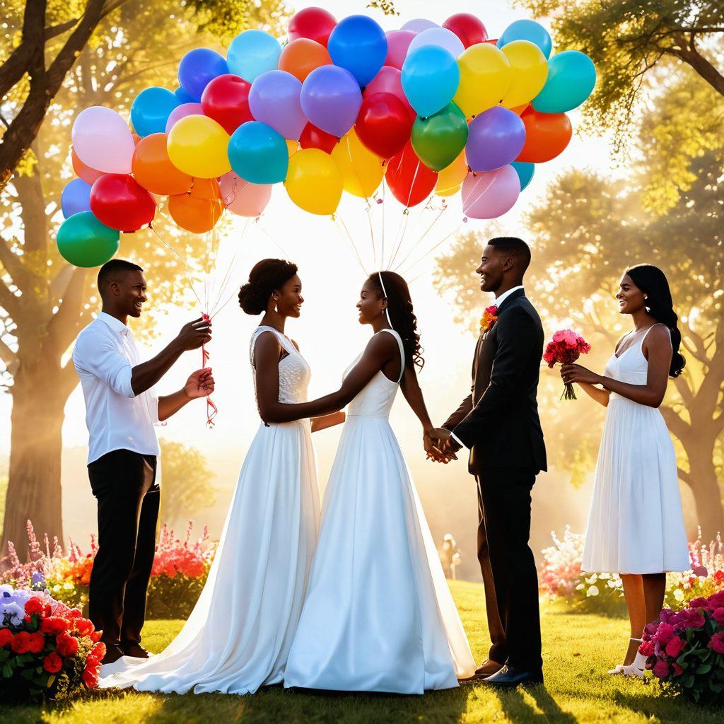 A radiant scene depicting diverse couples celebrating love and unity in a beautiful outdoor setting, adorned with colorful balloons and flowers. Hands joined together symbolize blessings, while heart-shaped elements signify affection. Soft sunlight casts a warm glow, enhancing the joyous atmosphere. Faces express happiness and acceptance. vbrant colors. super-realistic. 3D.