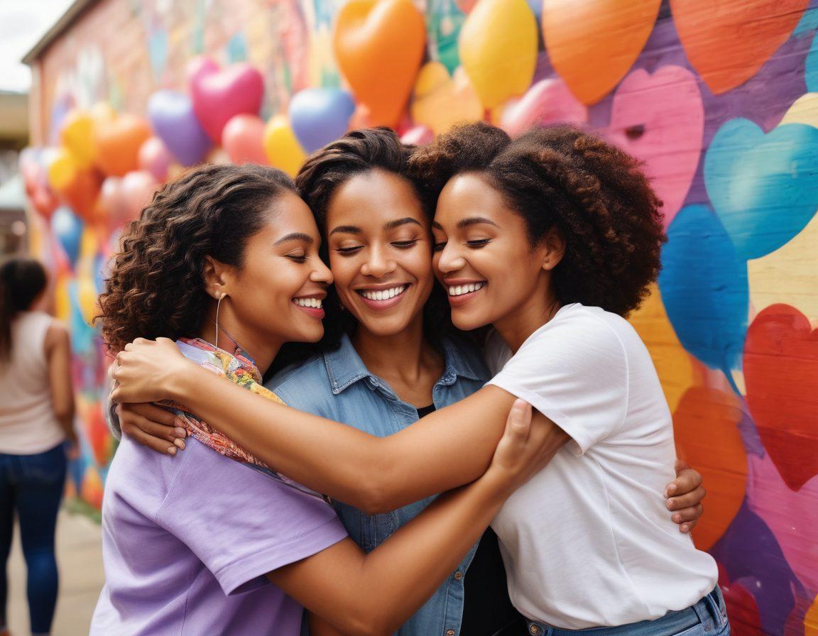 A heartwarming scene of diverse groups of people engaged in various charitable activities, sharing smiles and hugs, surrounded by colorful decorations and soft natural light, symbolizing love and togetherness. In the background, a vibrant community mural that promotes unity and kindness. super-realistic. vibrant colors. warm atmosphere.